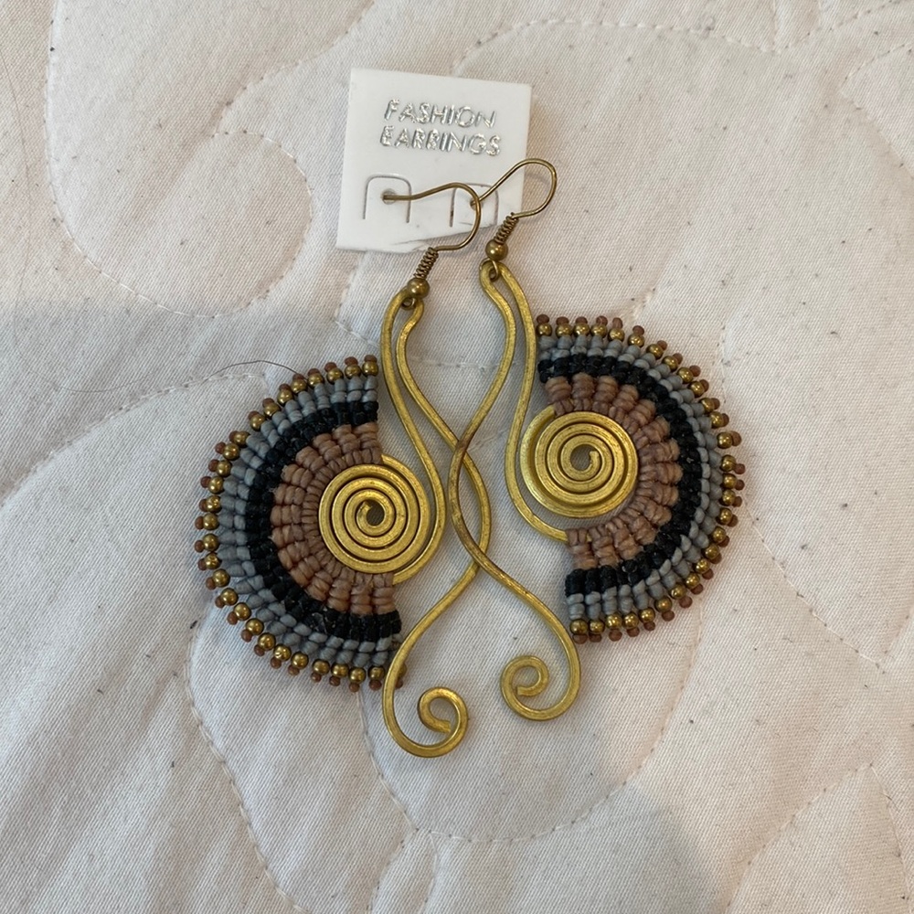 gold beaded and yarn decal earrings